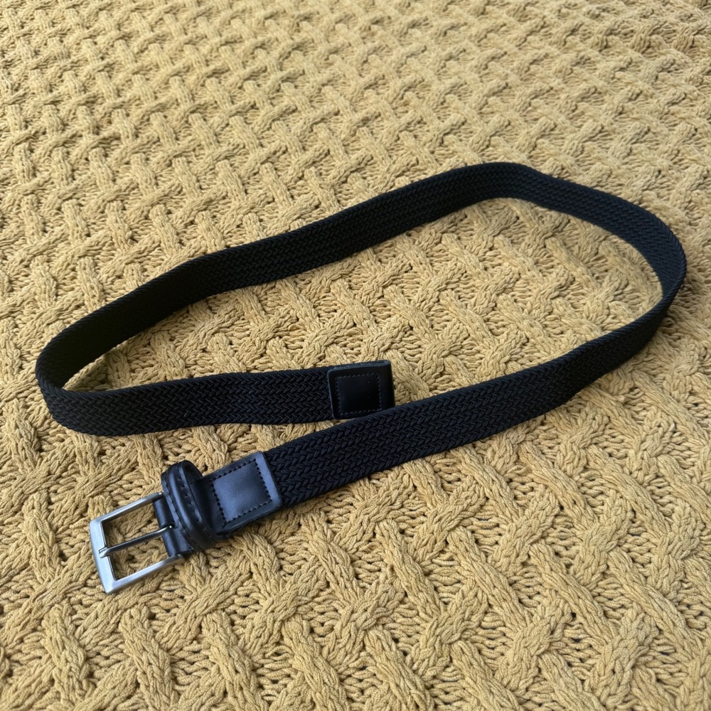 Mens Black Braided Elastic Stretch Belt Silver Buckle Size 42 Workwear Casual